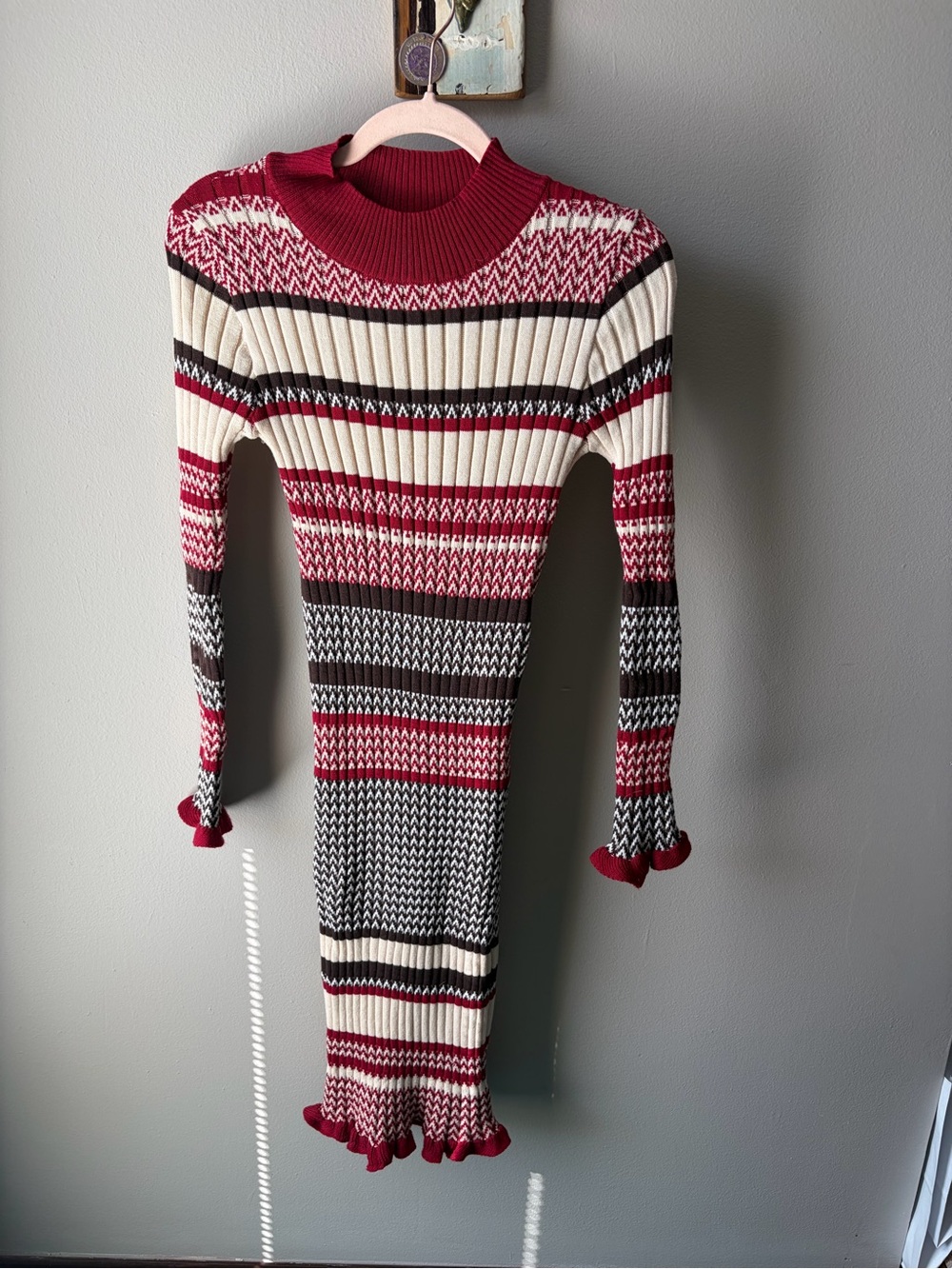 Ribbed Knit Stripe Midi Dress in Wine and Ivory